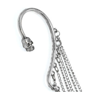 Antique Silver skull ear cuff, tassle ear cuff